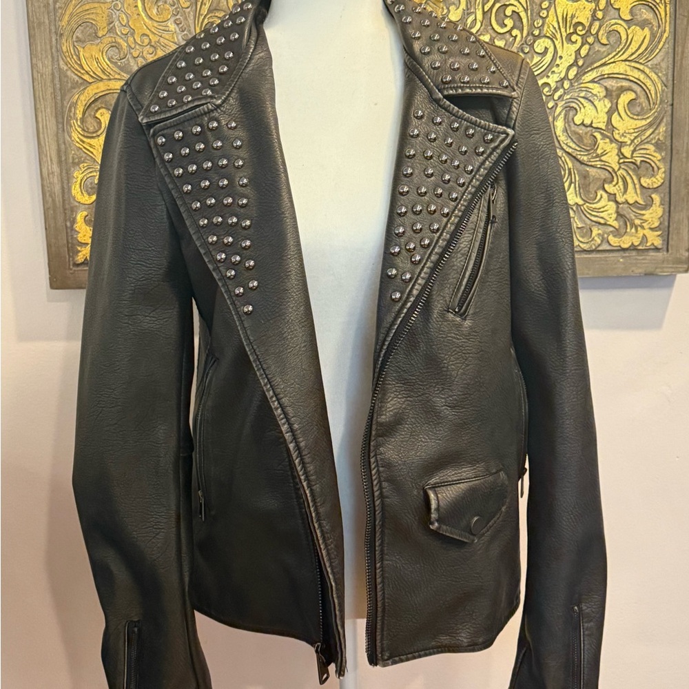 Urban Outfitters Black Leather Jacket Tiger embroidered on the back